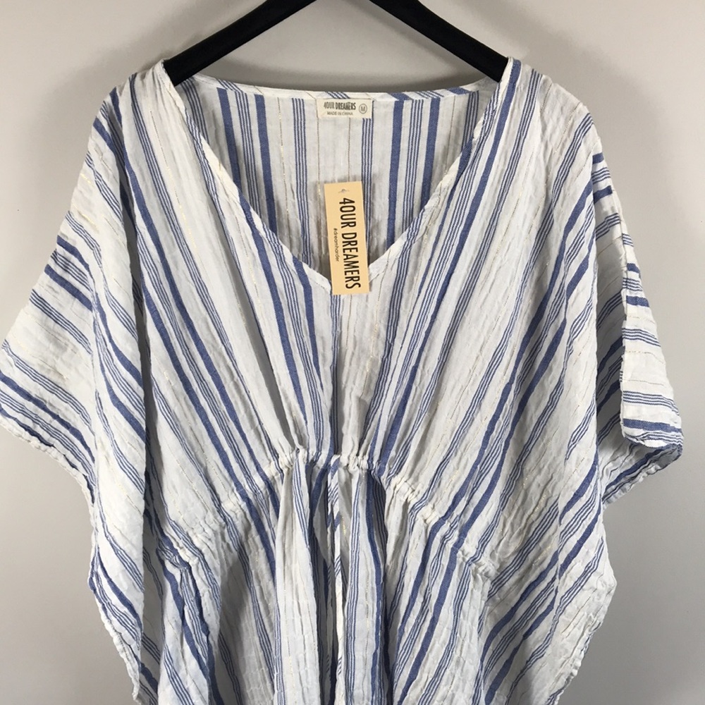 NEW Swim Coverup Bathing Suit Dress Metallic Blue stripes Linen cinch waist M